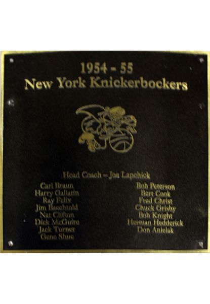 NY Knicks 1954-55 Team Roster Plaque (8"x8") (Black with Gold Text and Border) (Knicks Locker Room Hallway) (Steiner Sports COA)