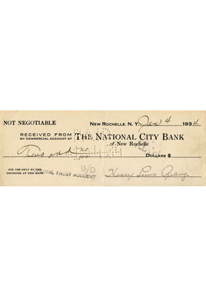 Extraordinary 1934 Henry Louis Gehrig Hand Signed Bank Note (Full JSA)