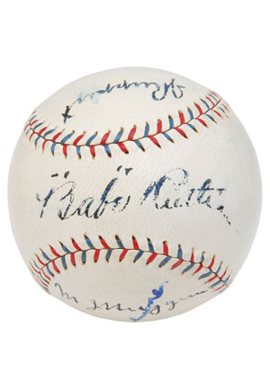 Historically Important NY Yankees Official American League Baseball Autographed by Babe Ruth, Miller Huggins & Jacob Ruppert (All Autographs Visible On A Single Plane • Full JSA)