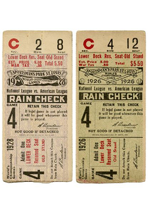 Babe Ruth World Series 3-HR Game Ticket Stubs — 10/6/26 Game 4 & 10/9/28 Game 4  (First in WS History to Hit 3-HR in a Game) & 5/21/32 Senators at Yankees Scored Program (Career HRs #620 & 621)(4)