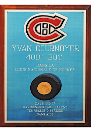 2/19/1977 Yvan Cournoyer Montreal Canadiens Autographed Plaque With Actual Puck Used To Score 400th Goal (JSA)
