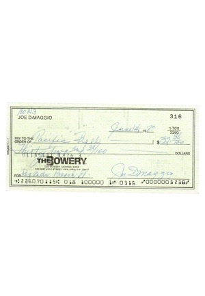 Joe DiMaggio Autographed Personal Bank Check (JSA)