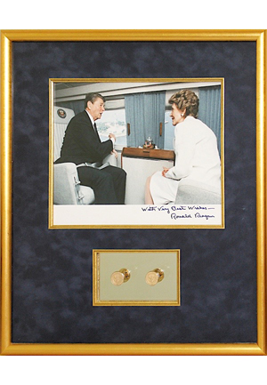 Ronald Reagan Presidential Seal Gold Cufflinks Framed With Photo Display (Rare & Desirable)