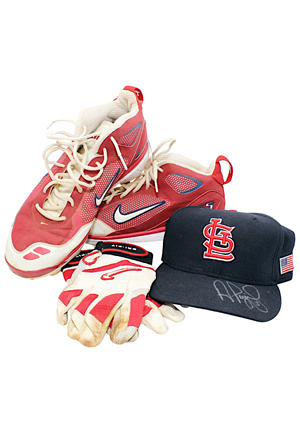 Albert Pujols St. Louis Cardinals Game-Used & Autographed Cap, Cleats & Batting Gloves (3)(JSA)