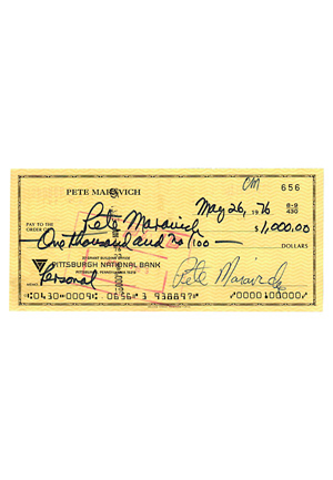 Pete Maravich Dual-Autographed Personal Bank Check (JSA • PSA/DNA Graded 9)
