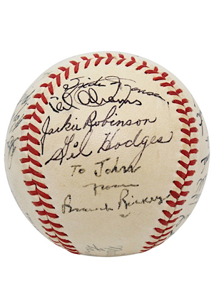 Extremely Rare 1950 Brooklyn Dodgers Team Signed ONL Baseball With Jackie Robinson & Branch Rickey On Same Panel (Full JSA • 2x Robinson Sigs)