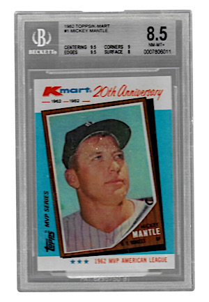 1980 Mickey Mantle "Yankee Greats", 1982 Mickey Mantle "KMart 20th Anniversary & 1962 Topps Most Valuable Players Cards (3)