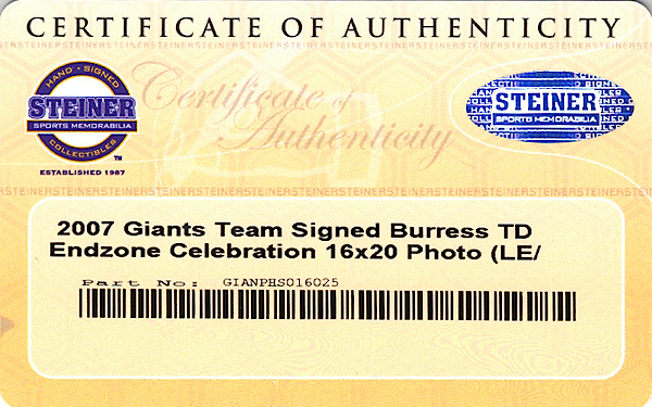 N.Y.GIANTS SUPER BOWL CHAMPION RICH SEUBERT AUTOGRAPHED 8X10 PHOTO COA