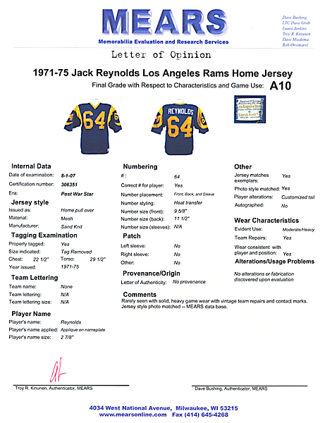 JACK HACKSAW REYNOLDS  Los Angeles Rams 1975 Wilson Throwback NFL  Football Jersey