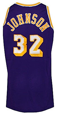 1995-1996 Magic Johnson Los Angeles Lakers Game-Used & Autographed Road Jersey (JSA)