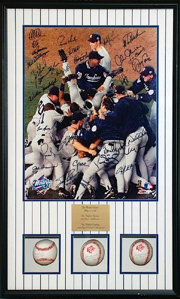 1998 NY Yankees World Championship Team Autographed LE Photo with Wells, Brosius & Torre Single Signed Baseballs Shadowbox Display (JSA) (Steiner)