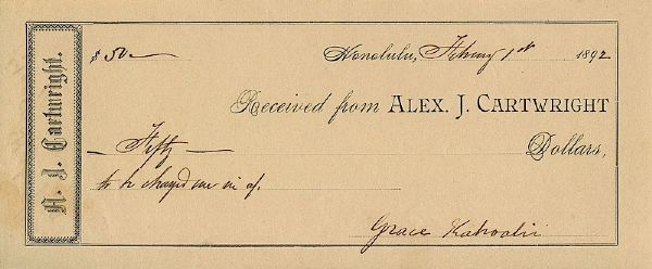 2/1/1892 Alexander Cartwright Hand-Written Personal Receipt (JSA)