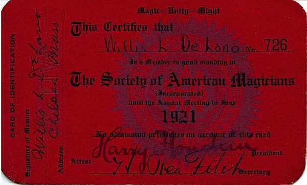 1921 Harry Houdini Autographed Member Card - Society of American Magicians (JSA)
