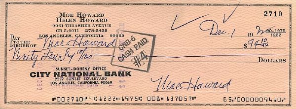 12/1/1972 Moe Howard Three Stooges Triple-Signed Check (JSA)