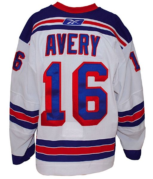 4/11/2008 Sean Avery New York Rangers Stanley Cup Playoffs Game 2 Game-Used White Tie-Down Jersey (Team Letter)(Photo Match)