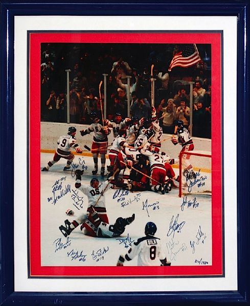 1980 USA Olympic Hockey Team Framed & Autographed LE Photo & Framed Olympic Card Set Uncut Sheet (2) (JSA)