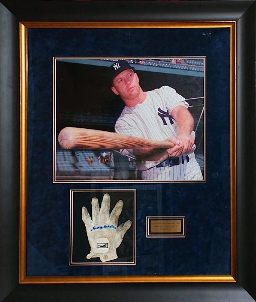 Framed Mickey Mantle Used Autographed Golf Glove with Photo Display from Mantle Family Auction (Mantle Family LOA) (JSA)