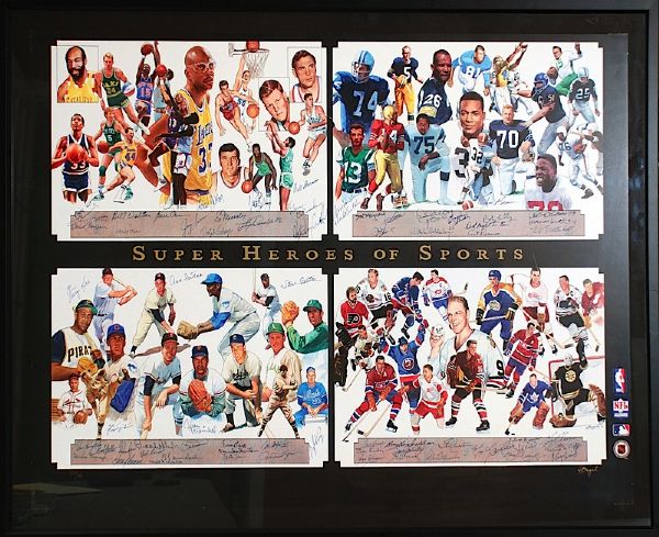 Incredible Framed Super Heroes of Sports Autographed Lithograph (JSA)