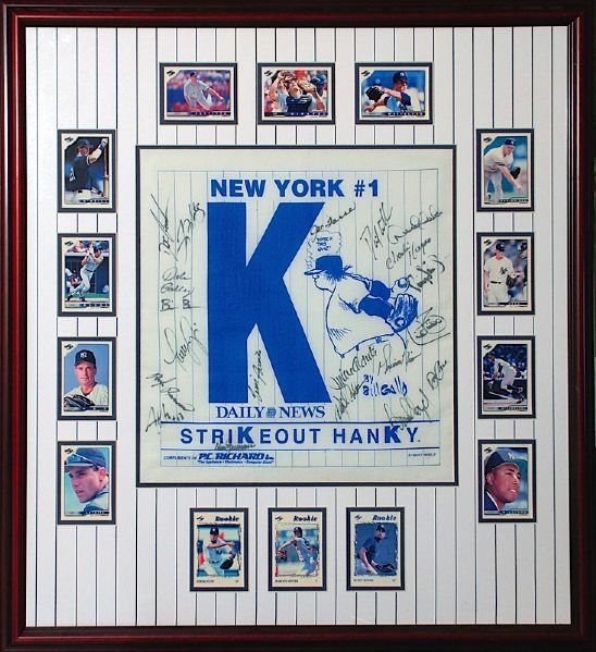 Framed 1996 NY Yankees World Championship Team Autographed Strike Out Hanky with Card Display (JSA)