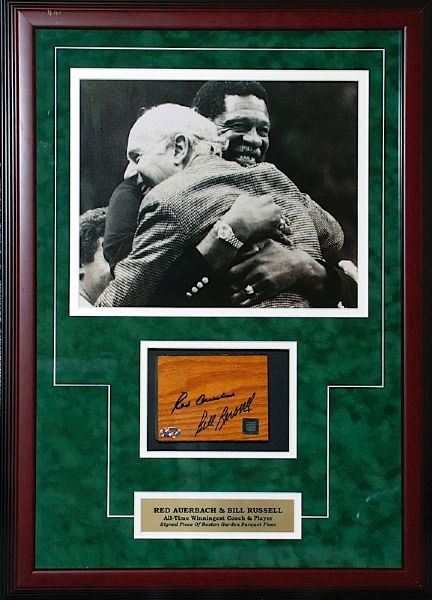 Framed Red Auerbach & Bill Russell Autographed Boston Garden Floor Parquet with Photo Display (JSA)