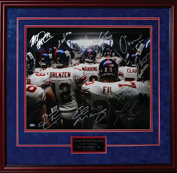 Framed NY Giants Autographed Photo with Eli, Strahan & Osi (JSA)