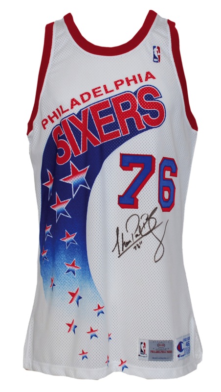 100% Authentic Shawn Bradley Signed Champion 92 93 Sixers Pro Cut Jersey  44+3