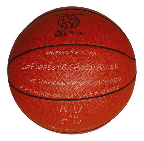 March 10, 1956 Game Ball, Nets and Jayhawks bag from Phog Allens last game (Kansas vs. Univ. of Colorado) (4) (Estate LOA)
