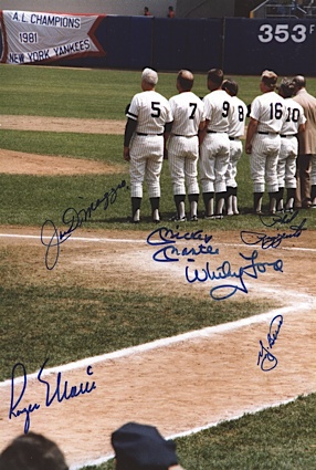 Mantle, DiMaggio, Berra, Rizzuto, Maris, Ford Autographed Photo (JSA)