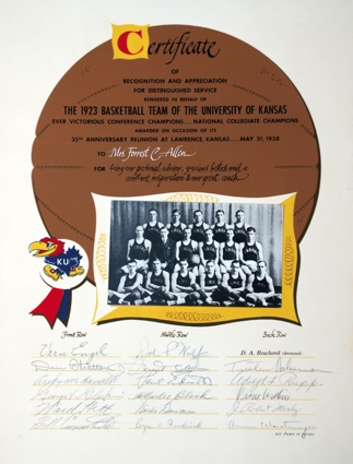 1923 University of Kansas National Championship Team Autographed 35th Anniversary Certificate with Photo (JSA)