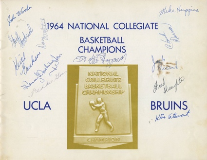 1964 UCLA Bruins NCAA Championship Team Autographed Program & John Wooden Autographed and Inscribed Photo to Lynn Shackelford (2) (Shackelford Collection) (JSA)