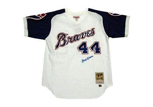 Hank Aaron Autographed 1974 M&N Home Atlanta Braves Jersey (Signed on Front) (Steiner COA)