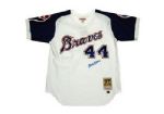 Hank Aaron Autographed 1974 M&N Home Atlanta Braves Jersey (Signed on Front) (Steiner COA)