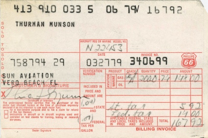 3/27/1979 Thurman Munson Jet Fuel Receipt Carbon Copy (Diana Munson LOA)