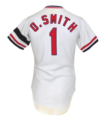 1982 Ozzie Smith St. Louis Cardinals Game-Used & Autographed Home Jersey with Boyer Black Armband (JSA)