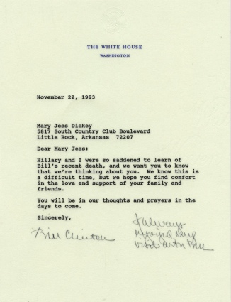 President Bill Clinton Signed TLS on White House Stationary to Bill Dickeys Widow (JSA)