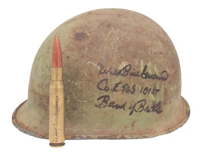 Band of Brothers Wild Bill Guarnere Autographed Army Helmet & Bullet (2) (JSA)