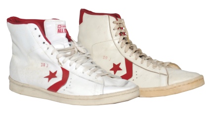 Lot of Julius Dr. J Erving Philadelphia 76ers Game-Used Right Sneakers with Team-Issued Laundry Bag (3) (Erving Family LOA)