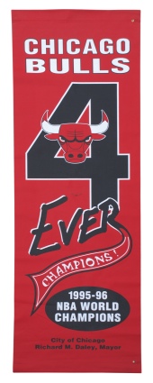 1995-96 Chicago Bulls “Champions 4 Ever” & “72-10 Bulls Champs” City of Chicago Championship Street Banners (2)