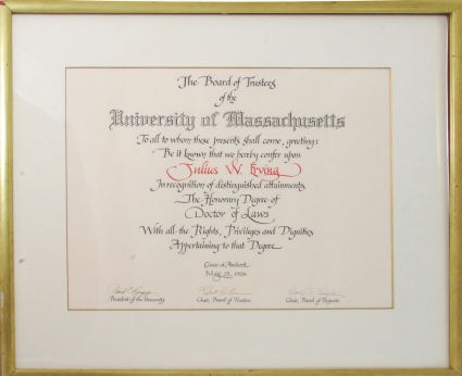 5/25/1986 Julius Dr. J Erving UMASS Honorary Law Degree Diploma with NBA Performance Award (2) (Erving Family LOA)