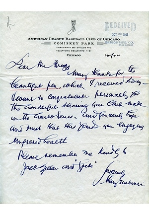 10/22/1945 Harry Grabiner (Black Sox/Joe Jackson) Handwritten Letter on White Sox Stationery (JSA)
