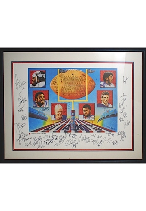 Framed NY Giants 1986 Super Bowl Championship Team Autographed LE Rendering (JSA)