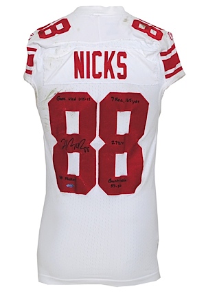 1/19/2012 Hakeem Nicks NY Giants Playoffs Game-Used & Autod Road Jersey Worn at Lambeau Field vs. Packers (Nicks-Steiner LOA) (JSA) (Photomatch to SI Cover) (Unwashed)