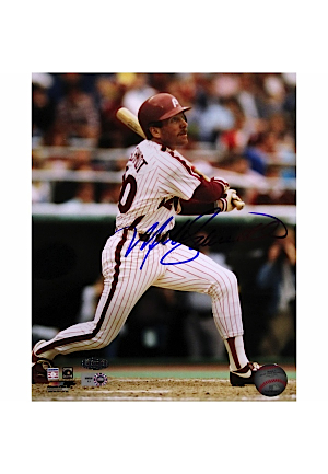 Mike Schmidt Autographed Batting Phillies White Jersey Vertical 8x10 Photo (Steiner COA)