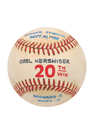 9/10/1988 Orel Hershiser LA Dodgers 20th Win Game-Used Baseball (Hershiser LOA)(Cy Young & Championship Season)