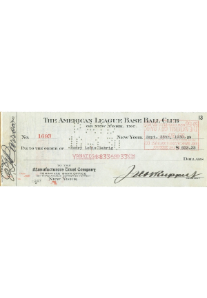 9/25/1930 "Henry Louis Gehrig" Endorsed NY Yankees Bonus Check Also Signed by Jacob Ruppert (Rare)(JSA)                                             