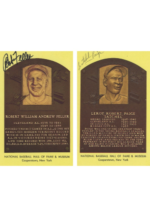 Paige & Feller Autographed HOF Plaques with "The Kid from Cleveland" Lobby Card (3)(JSA)