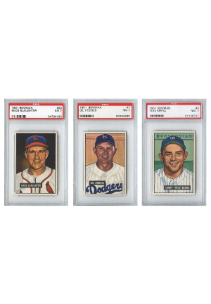 Lot of 1951 Bowman Hall of Famers Cards Each Graded NM 7 – Berra, Hodges, Duke, Campy & Slaughter