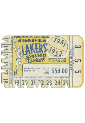 1951-52 Minneapolis Lakers Original Team Schedule & Season Ticket Stub (2)(Championship Season)