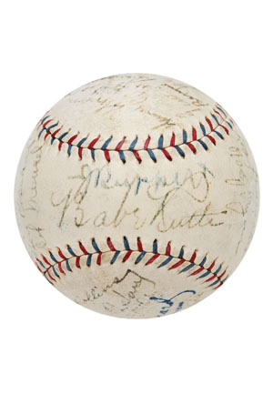 1928 NY Yankees World Championship Team Autographed Baseball with Ruth, Gehrig & Ruppert (Full JSA LOA • Originates From Jacob Ruppert)