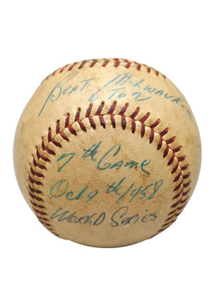 10/9/1958 World Series Game 7 Final Out Game-Used Baseball (Bob Turley Family LOA • Cy Young, World Series MVP & Championship Season)
